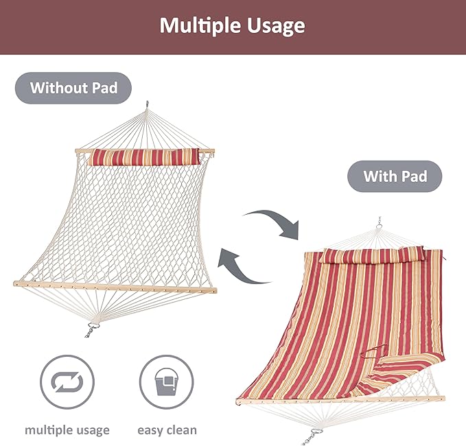 SUNCREAT Rope Hammocks for Outside with Polyester Pad and Stand, Extra Large Double Hammock with Wooden Stand, Red Strips