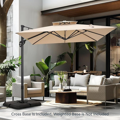 PHI VILLA 10ft Cantilever Patio Umbrella,Outdoor Large Square Umbrellas with 360°Rotation, Heavy Duty Hydraulic Double Umbrella Windproof for Outside, Pool, Deck, Garden, Porch, Beige(No Base)