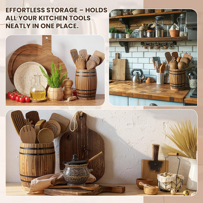 Honeydak Wooden Utensil Holder for Kitchen Counter, 360° Rotating Wine Barrel Design Large Cooking Spoon Crock Organizer, Rustic Vintage Burnt Wood Tool Holder for Farmhouse Kitchen, Gifts Decor