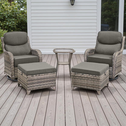 Wicker Outdoor Patio Furniture Set - 5 Piece Patio Conversation Sets with Swivel Rocker Chairs, Ottomans and Side Table, 6 inch Cushions, Waterproof Wicker, for Porch Deck Mixed Grey/Grey