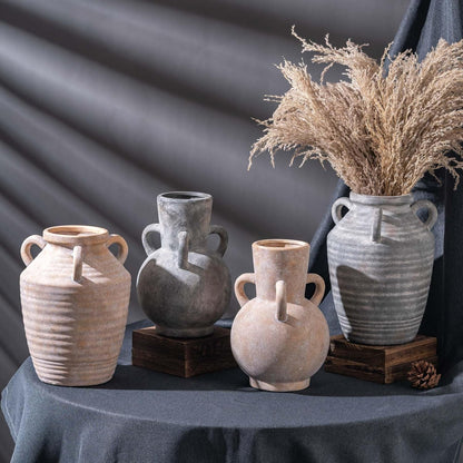 Vintage Terracotta Ceramic Vase with Handles, Rustic Beige Pottery Tulip Vase for Cottage Core Home Mantle Decor, Farmhouse Table Centerpieces, Large Bulk Flower Vases Jarrones Decorativos para Sala