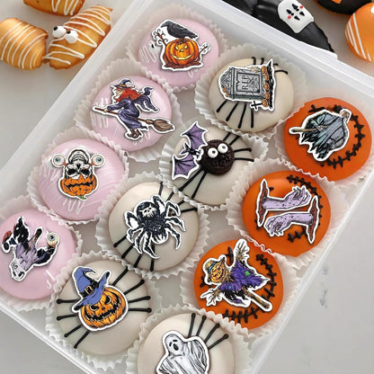 48pcs Edible Halloween Themed Pumpkin for Cake Decorating Spider Cupcake Toppers Bat Wedding Themed Party Birthday Cake Decoration(Tasteless)