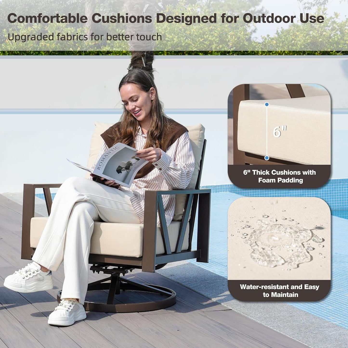 Outdoor Patio Swivel Rocking Chairs Set, Patio Porch Furniture with 6" Thick Cushions, 3 Pieces Outdoor Bistro Set with Coffee Table for Balcony, 350lbs, Upgrade Beige