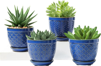 Sureasy Ceramic Plant Pots, 4.7 Inch Flower Pots for Indoor Plants, Succulent Pots with Saucer and Drainage Hole, Decorative Planter for Succulent, Cactus, Set of 4, Blue