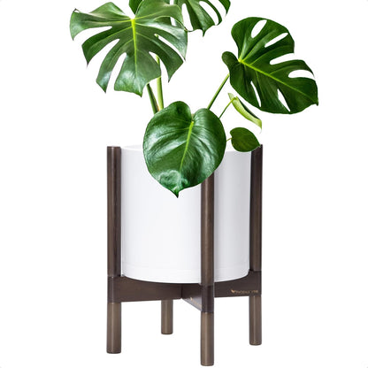 D'vine Dev Planter Pot with Stand - 10 Inch Plastic Cylinder Flower Pot with Wood Planter Holder for Indoor, Matte White Pot + Walnut Color Stand, 55-C-L-1