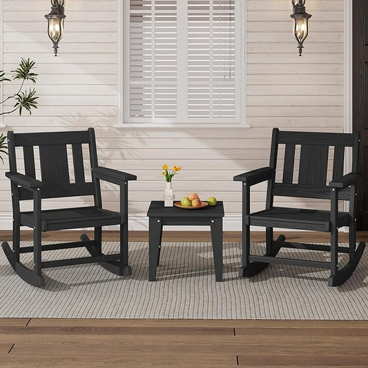 SERWALL 3 Piece Rocking Bistro Set, HDPE Patio Furniture Set with Bistro Table and Chairs for Backyard,Porch, Poolside, Balcony, and Garden- Black