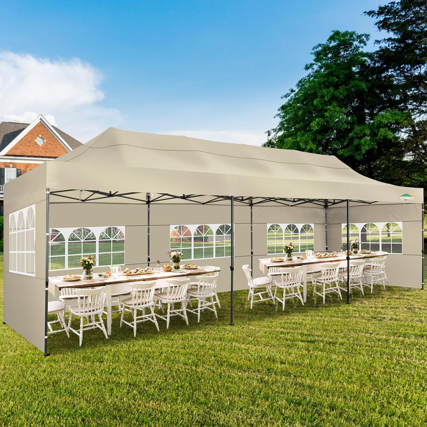COBIZI 10x30 Heavy Duty Pop up Canopy with 8 sidewalls Stable Wedding Outdoor Tents for Parties Canopy Pop Up Party Tent UPF 50+ Waterproof Commercial Gazebo with Roller Bag, Khaki(Windproof Upgraded)