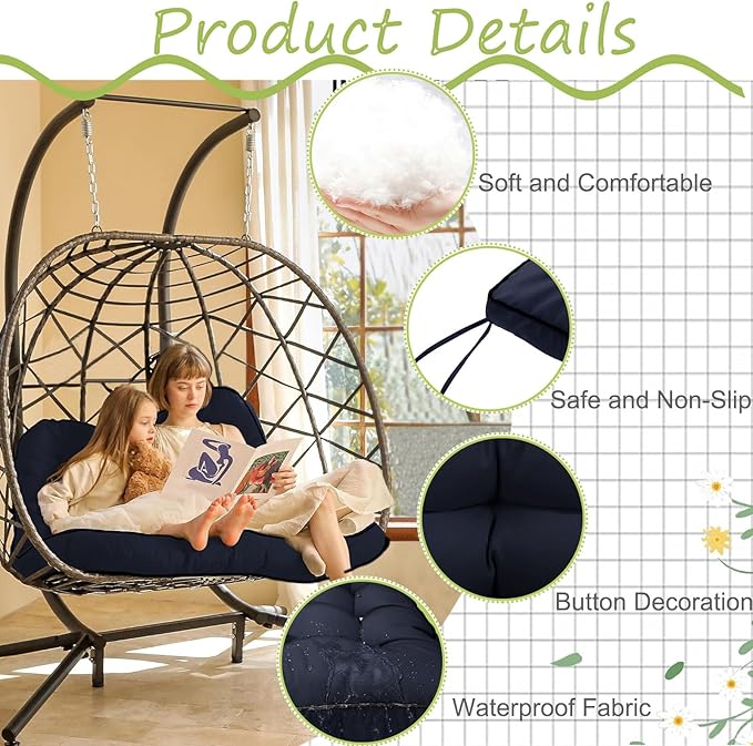 Swing Replacement Cushions with Backrest, 2 or 3 Seater Waterproof Non-Slip Overstuffed Swing Pad, Indoor/Outdoor Bench Cushion for Porch Chair Swings Garden Furniture (Navy blue, 40 * 63 in)
