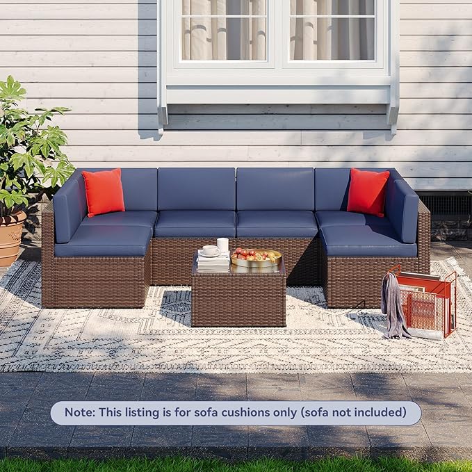 Aoxun Outdoor Replacement Cushions for Patio Furniture, Waterproof Sofa Cushion for 6-Seat Rattan Wicker Sectional Patio Conversation Sets, 14-Piece Cushions Set for L-Shape Couch, Navy