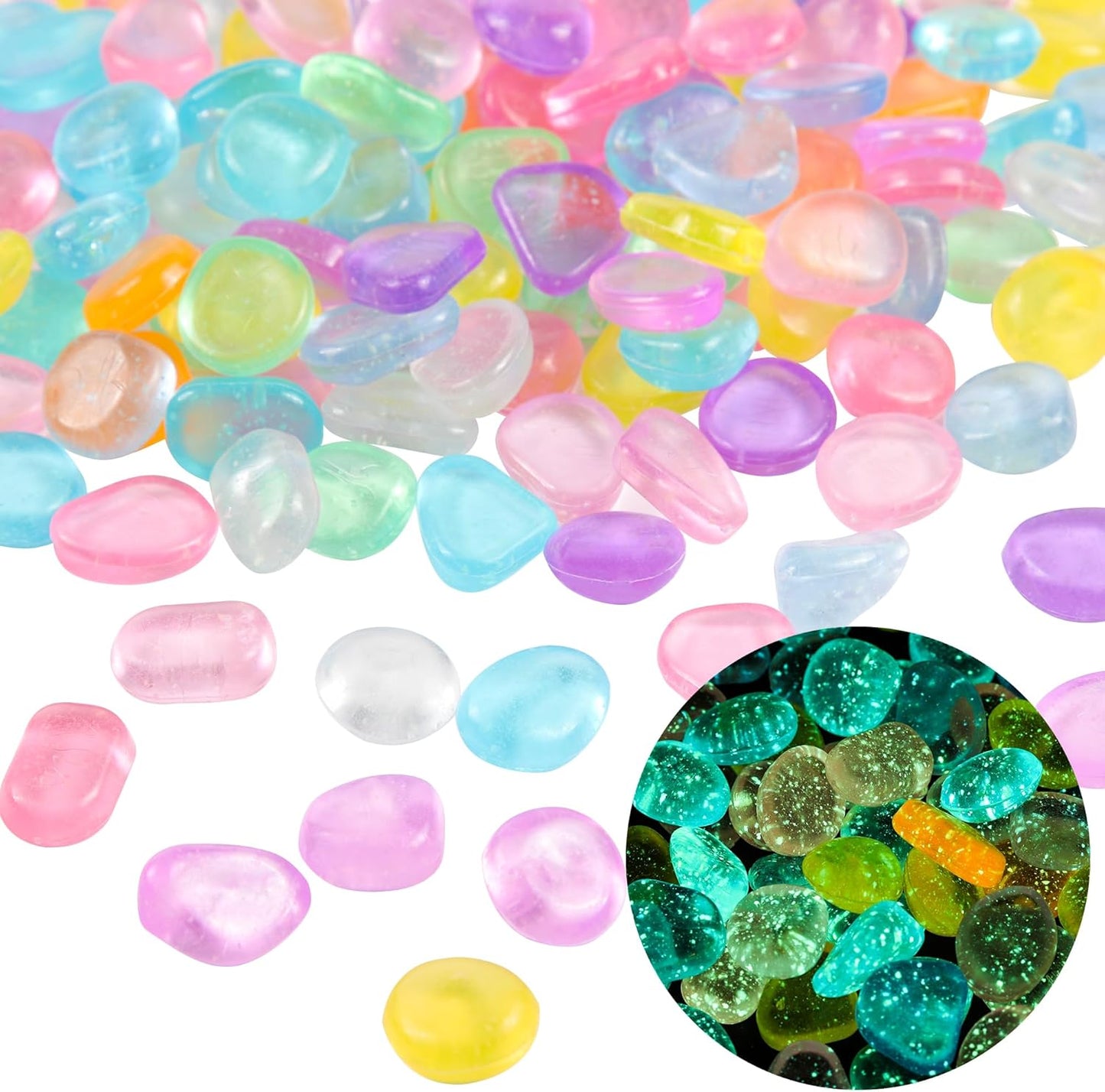 OSOPOLA 150 PCS Glow in The Dark Rocks - Mix Color Luminous Stones Fish Tank Accessories DIY Decor Pebbles for Fairy Garden Yard FD05MX150B