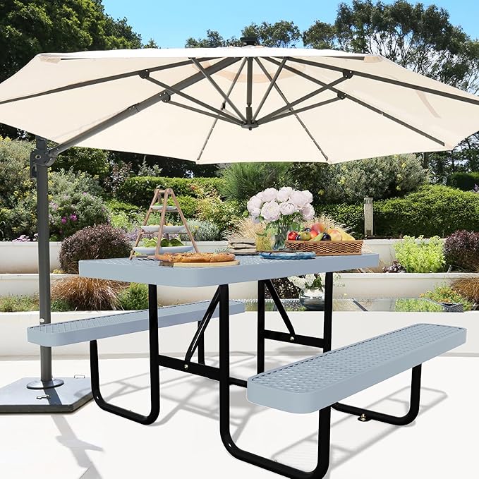 48'' Rectangular Steel Picnic Table for Outdoors,Commercial Metal Picnic Table Bench Set with Umbrella Hole,School Canteen Table W/Seats - Heavy Duty Sturdy Picnic Tables for Patio Garden