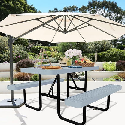 48'' Rectangular Steel Picnic Table for Outdoors,Commercial Metal Picnic Table Bench Set with Umbrella Hole,School Canteen Table W/Seats - Heavy Duty Sturdy Picnic Tables for Patio Garden