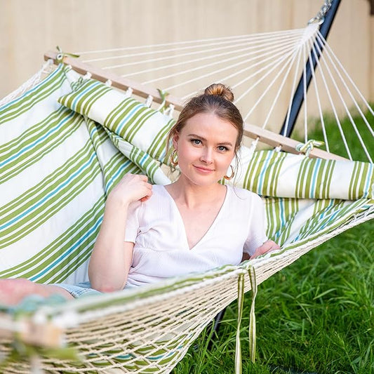 SUNCREAT Cotton Rope Hammock for Two People with Hardwood Spreader Bars, Quilted Fabric Pad & Detachable Pillow, Extra Large Hammock with 12 FT Steel Stand, Ipad Bag & Cup Holder, Green&Beige