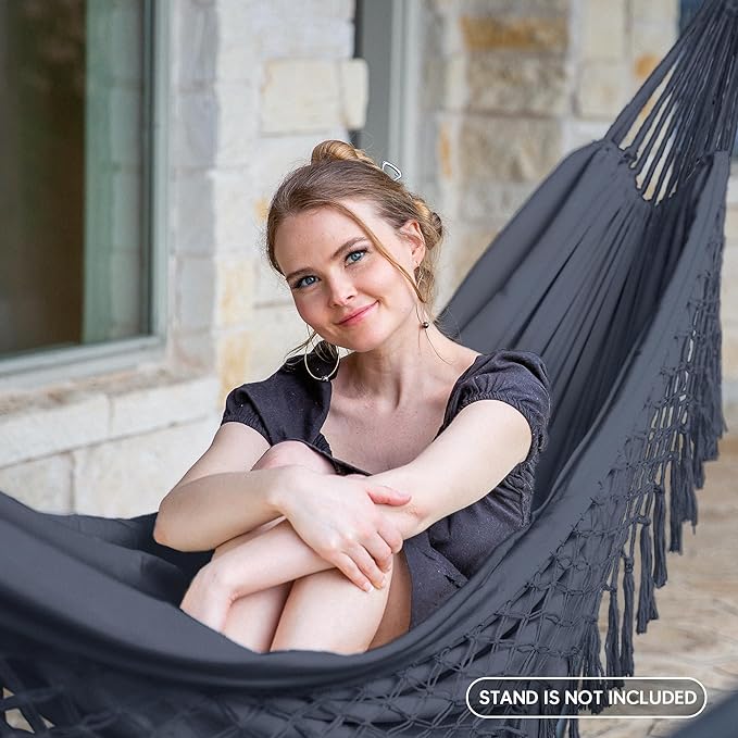 SUNCREAT Extra Large Double Hanging Hammock for Camping, Hammocks for Outside 2 Person Heavy Duty, Dark Gray with Tassels