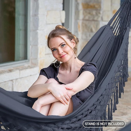 SUNCREAT Extra Large Double Hanging Hammock for Camping, Hammocks for Outside 2 Person Heavy Duty, Dark Gray with Tassels