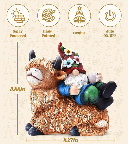 Christmas Garden Gnomes Statues Sitting On Highland Cow, Hold Solar Cup, Outdoor Decorations for Patio,Yard, Highland Cow Christmas Decorations
