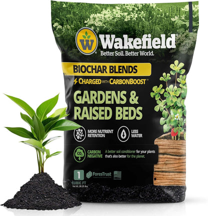 Wakefield Biochar Blend with CarbonBoost™ Technology – Enhanced Water & Nutrient Retention for Raised Bed Garden Soil - Ultimate Organic Potting Soil Mix for Vegetables, Gardens and Houseplants - 1CF