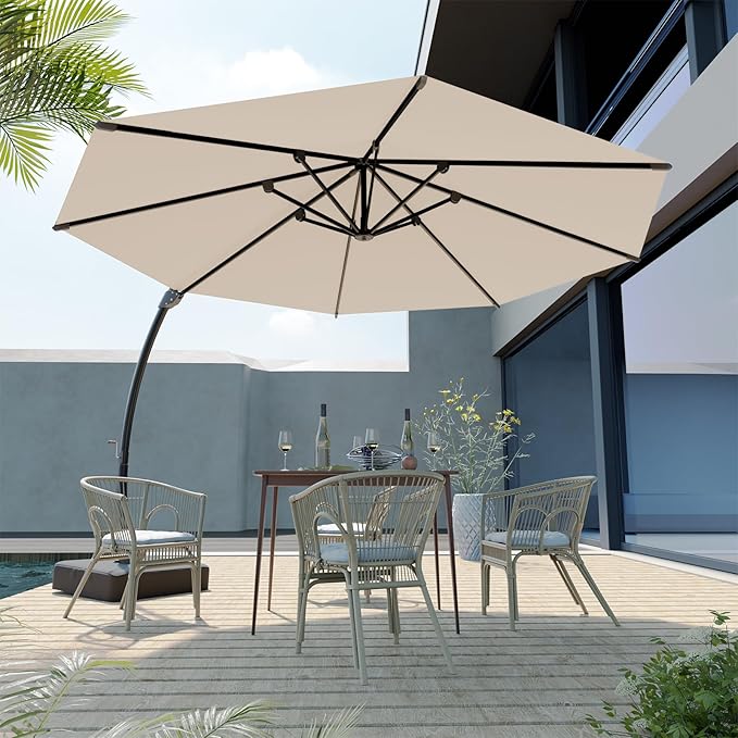 Outdoor Patio Umbrella with Sand Bag Included, 11 FT Deluxe Curvy Cantilever Umbrella Offset Hanging Umbrella with 360° Rotation for Market, Pool, Garden, Backyard, Deck