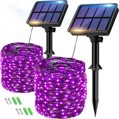 2 Pack Solar String Lights Outdoor - 160LED 66FT Halloween Solar Fairy Lights Outside Waterproof, 8 Modes Purple Solar Powered Twinkle Lighting Decorations for Tree Garden Yard Spooky Patio Party