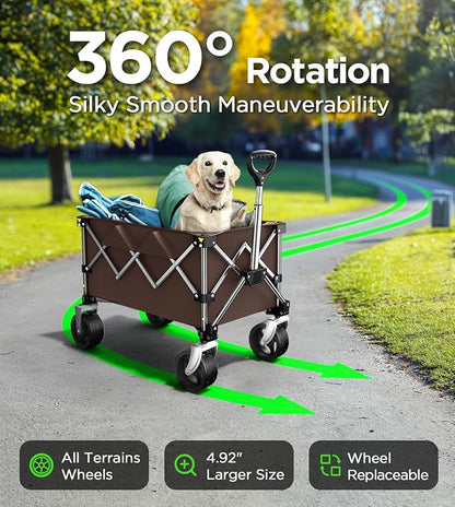 Beach Wagon,CollapsibleWagon 220lbs with Big Wheels Foldable Wagon Carts,Portable Utility for Garden Grocery Sports Camping All Terrain-Khaki