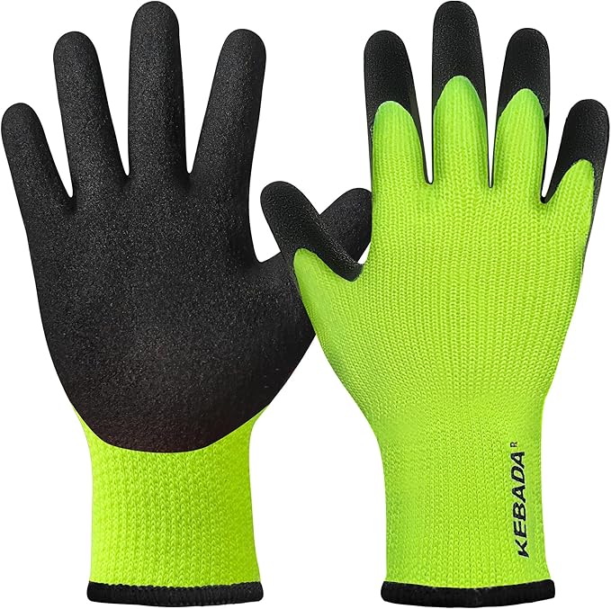 Kebada T3 Winter Work Gloves for Men and Women, Warm Knit Cold Weather Work Gloves, Thermal Insulated Freezer Gloves, 100% Latex Coating Non-slip Grip, Long Wrist Design, 1 Pair, Green, XX-Large