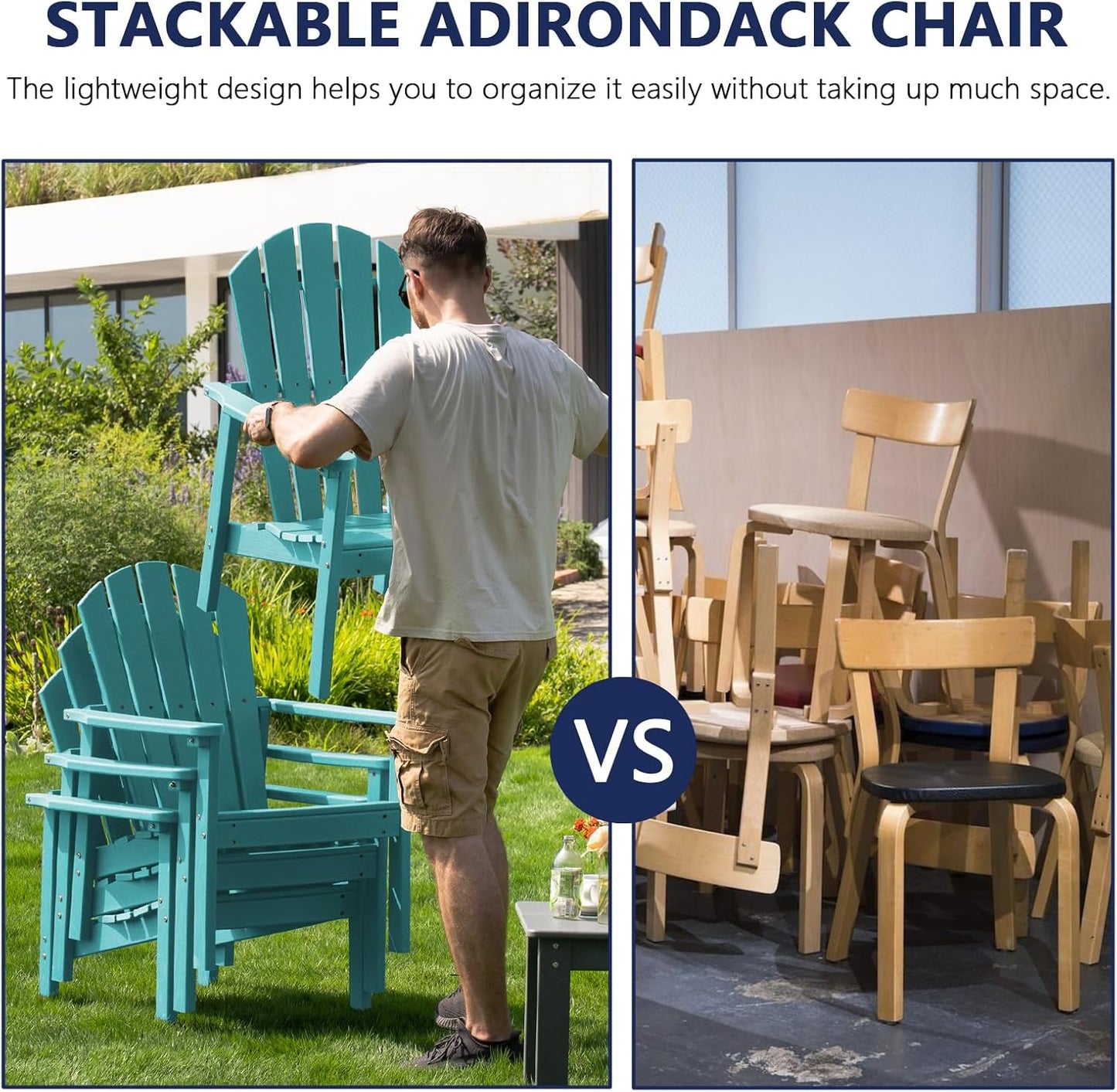 Stackable Adirondack Chair Set of 2, HDPE Outdoor Patio Chair - Durable and Space Saving, Suitable for Porches, Lawns or Garden, Aruba