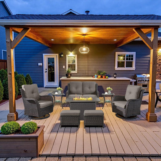 8 Piece Outdoor Patio Furniture Set - 41" CSA Propane Fire Pit Table Patio Conversation Set with Swivel Rocker Outdoor Chairs, Wicker loveseat and Ottoman for Outside Casual Gathering