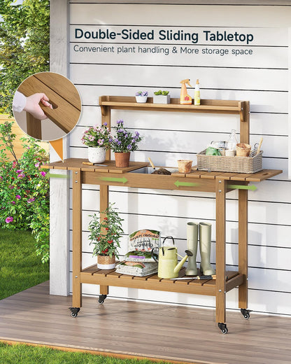 HDPS Outdoor Potting Bench with Sliding Tabletop/ 4 Wheels/Removable Sink, All-Weather Outside Garden Work Table, No Rust/Fade/Break, Potting Station for Porch, Patio & Backyard (Teak)