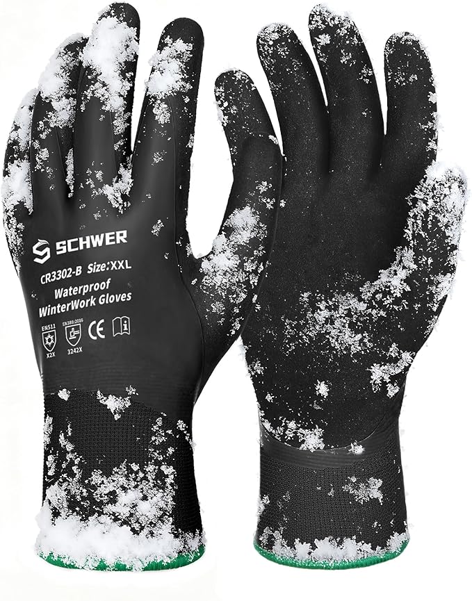 Schwer Waterproof Winter Work Gloves, ANSI A2 Cut Resistant Freezer Gloves for Outdoor Cold Weather Keep Hands Warm, Thermal Insulated Gloves for Shoveling Snow, Ice Fishing, Super Grip, XXL