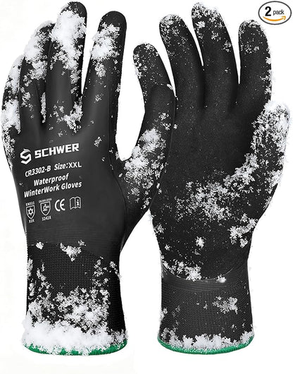 Schwer 2 Pairs Waterproof Winter Work Gloves, ANSI A2 Cut Resistant Freezer Gloves for Outdoor Cold Weather Keep Hands Warm, Thermal Insulated Gloves for Shoveling Snow, Ice Fishing, Super Grip, XXL