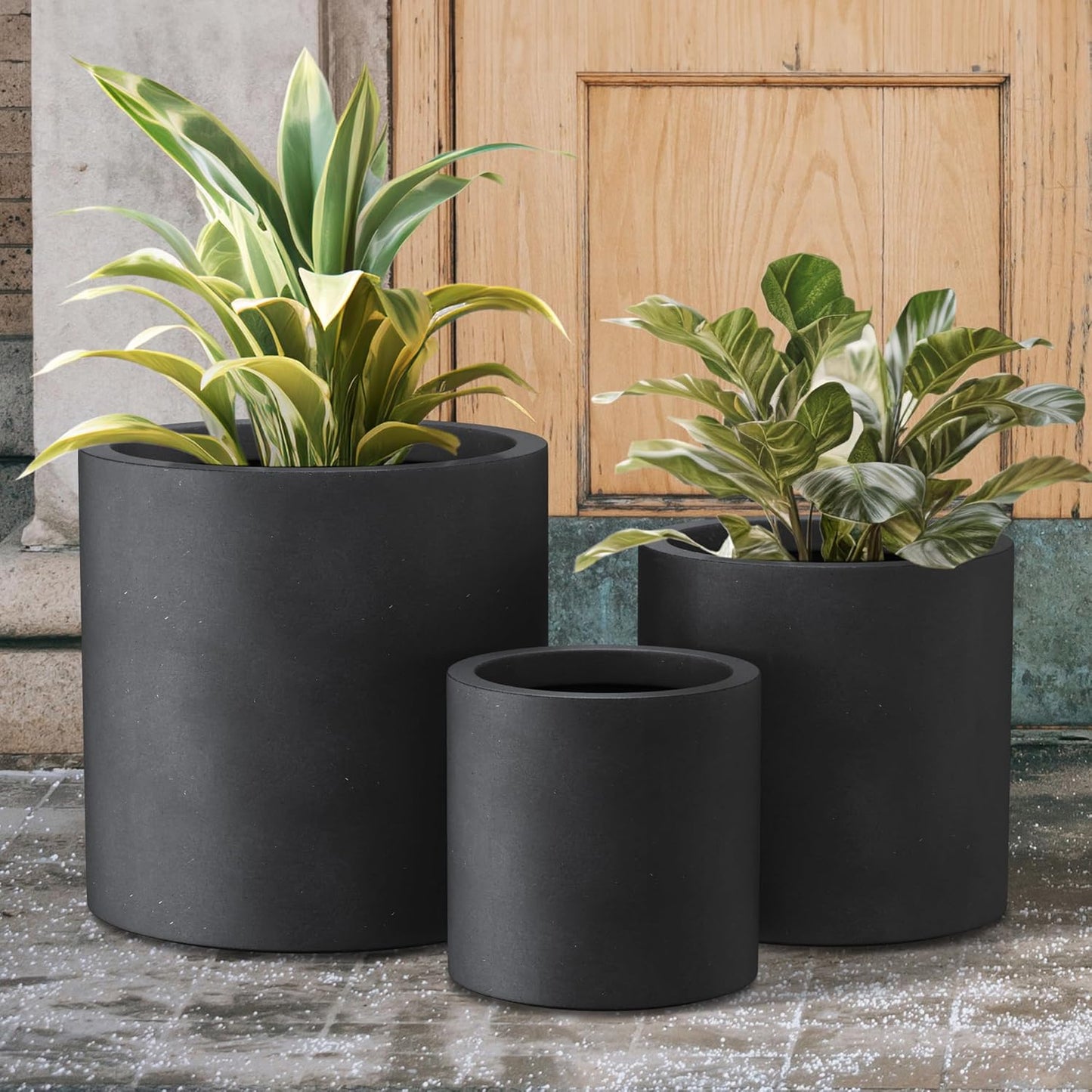 Kante 9.8",12.6",15.7" Dia Round Concrete Planter Set of 3, Modern Style Large Cylindrical Plant Pot with Drainage Hole and Rubber Plug for Indoor Outdoor Patio, Black