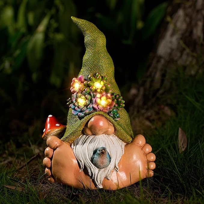 Solar Turtle Garden Statue with Bunny and LED Succulent Flowers – Outdoor Lawn Decor with Lights, Cute Animal Yard Ornament for Patio, Pathway, or Garden Gift (Gnome)