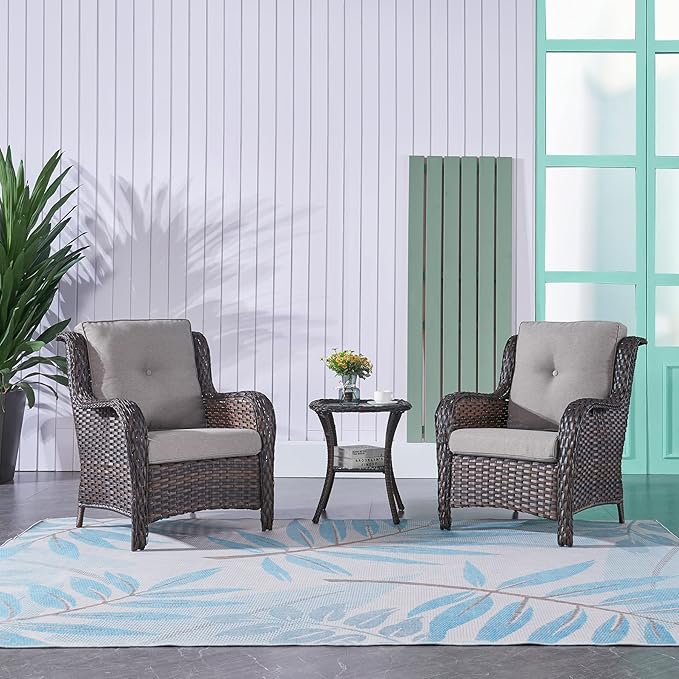 Rilyson Patio Bistro Set Wicker Chairs - 3 Piece Outdoor Rattan Conversation Set with 2 Armrest Chair and 1 Side Table for Proch Deck Garden Backyard Balcony(Brown/Grey)