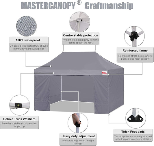 MASTERCANOPY Heavy Duty Pop-up Canopy Tent with Sidewalls (10x15,Gray)