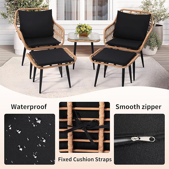 5 Piece Wicker Bistro Patio Conversation Furniture Set, Includes 2 Chairs, 2 Ottomans, and Side Table, Ideal for Porch, Balcony, Deck, Backyard, Natural
