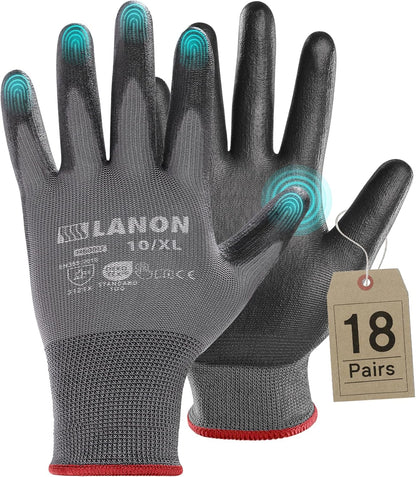 LANON 18 Pairs Safety Work Gloves, Mechanic Working Gloves for Men,Breathable PU Coated, Seamless Knit,Double Wash, Grey, X-Large