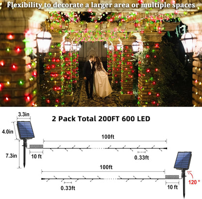 2-Pack 200FT Solar String Lights for Outside, 600 LED Extra-Bright Solar Light Outdoor with 19 Modes & Timer, Waterproof Fairy Solar Lights for Garden Patio Tree Christmas Decorations Red & Green
