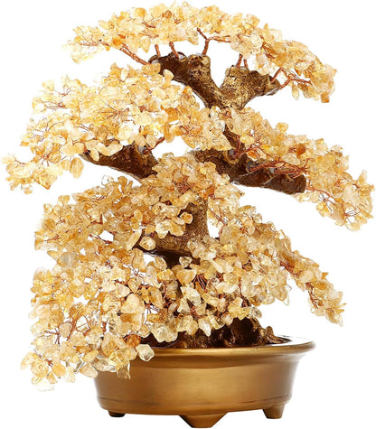 Feng Shui Money Tree Large Pine Tree Style Crystal Quartz Lucky Tree Gem Tree for Office Home Feng Shui Decoration for Wealth/Fortune and Luck (Yellow)