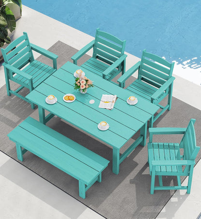 SERWALL Outdoor Dining Set for 6, HDPE Dining Furniture Set with Umbrella Hole Cut-Out Table and 1 Dining Bench and 4 Chairs, All Weather Outdoor Dining Bench Sets, Aruba
