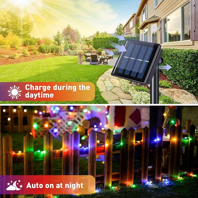 JMEXSUSS 2 Pack Solar Christmas Lights Outdoor Waterproof, Each 33FT 100 LED Multi Colored Solar Fairy Lights, 8 Modes String Light for Outside Yard Patio Tree Garden Christmas Decorations