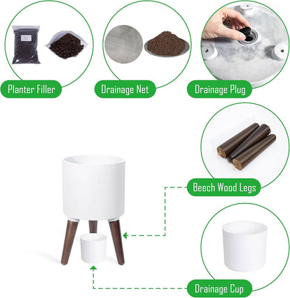 D'vine Dev 8 Inch Planter Pot with Stand, Mid-Century Tall Plant Pot with Legs for Indoor Plants, Small, White, 88-O-A-1