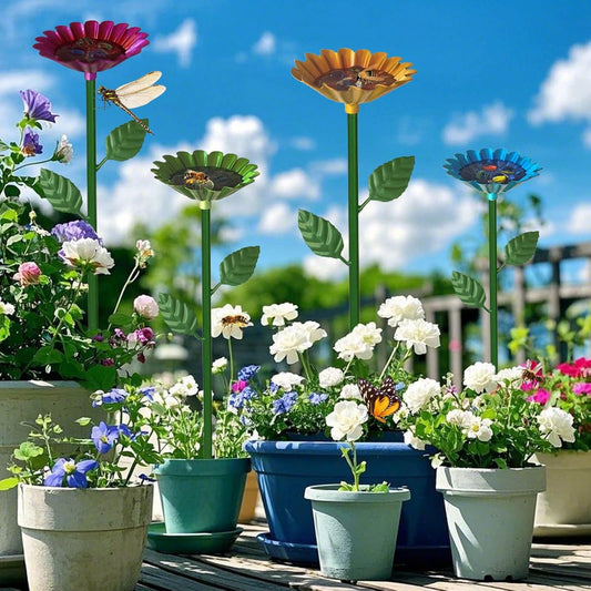 4 Pack Bee Watering Station, Bee Baths for Garden with Glass Marbles, Colorful Metal Butterfly Bird Water Feeder Supplies for Outdoor Garden Yard Farm Decor Flower Design (Green,Red,Blue,Yellow)