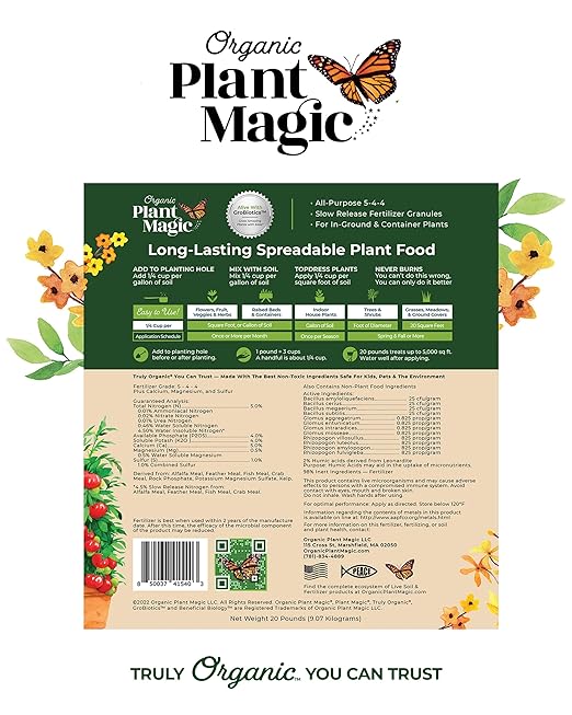 Organic Plant Magic - Truly Organic™ Long-Lasting Spreadable Plant Food: All-Purpose Fertilizer Granules for All Flower Vegetable Herb Fruit Tree Shrub Container Garden & House Plants [One 20 lb Bag]