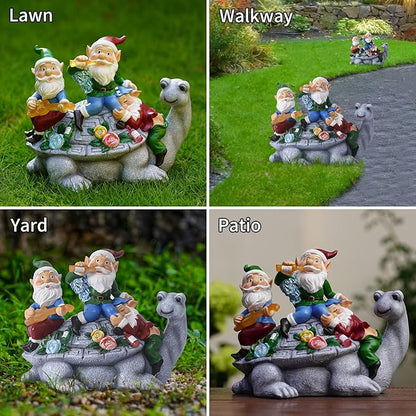 Upgraded Size Solar Garden Outdoor Statues Three Gnomes having party on turtle with 7 LED Solar Figurine for Lawn,Patio,Balcony,Yard Decor Unique Housewarming Gift, for grandfather, Father,Grandma,Wen