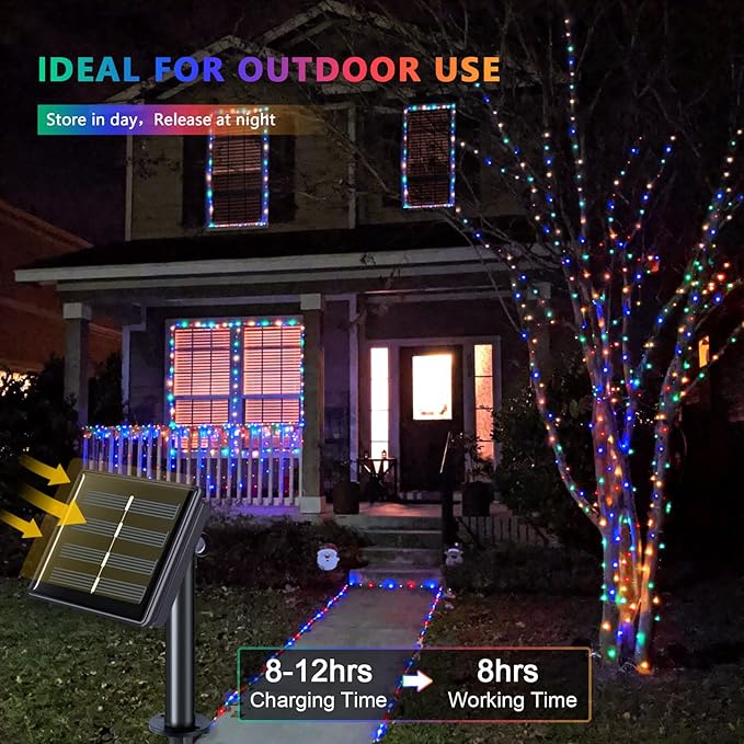 JMEXSUSS 4 Pack 100 LED Solar Christmas Lights, 33ft Solar String Lights Outdoor Waterproof, 8 Modes Multicolor Solar Fairy Lights for Garden Yard Tree Christmas Decorations