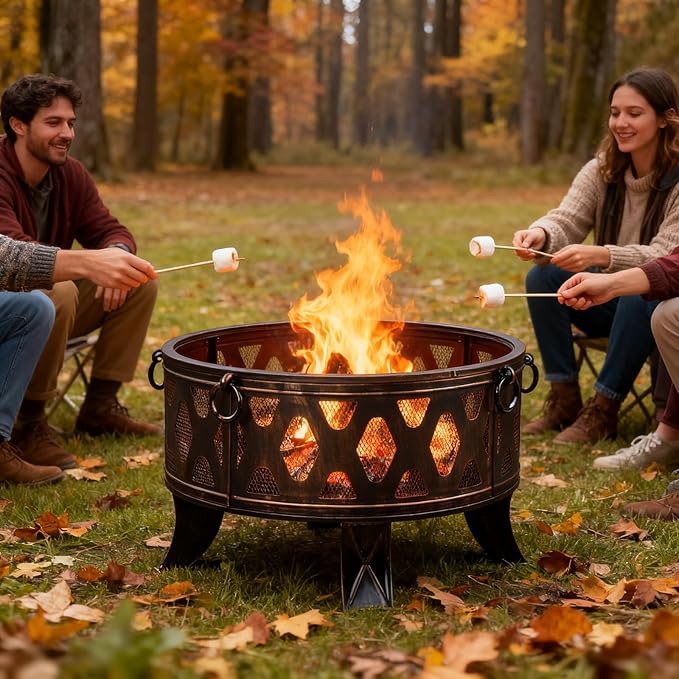 Breezz 26 Inch Wood Burning Fire Pit with Cooking Grill and Spark Screen, Outdoor Metal Round Firepit for Patio, Backyard, Bonfire Party, Camping and Garden