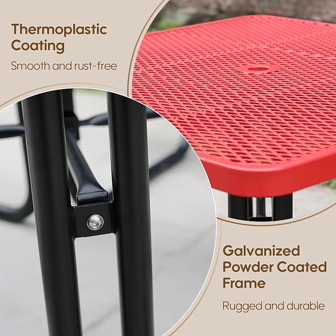 46" Square Picnic Table for Outside,Heavy Duty Metal Picnic Table Bench Set with 2in Umbrella Hole, 1600 lb Capacity,Commercial Dining Table Furniture for Garden Yard Patio Party Coffee Shop