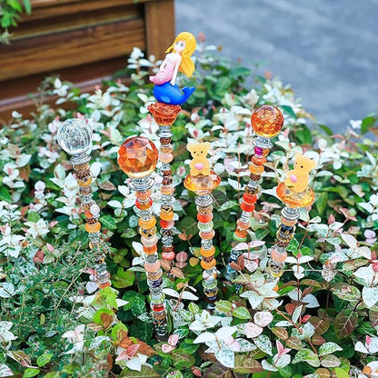 158 Pcs DIY Fairy Wand Garden Stakes Kit,Multiple Color Scheme European Beads Crystal Diamond Tops and 12 or 10 Inch Threaded Rods,Stainless Steel Stakes with Diamond Toppe (Sun)