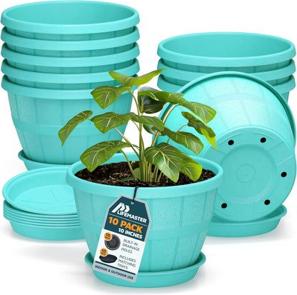 10-Inch Whiskey Barrel Planters Outdoor Pack of 10 - Durable Plastic Plant Pots for Indoor & Outdoor Use with Drainage & Saucer, Lightweight Rustic Barrel Planters for Flowers, Herbs & Small Plants