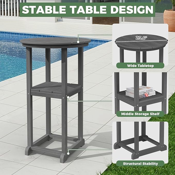 HDPE Outdoor Patio Bar Set with Bar Height Table and 2 Adirondack Chairs, All-Weather High Top Outside Round Pub Furniture for Bistro, Garden, Backyard, Deck | 3-Pieces, Grey